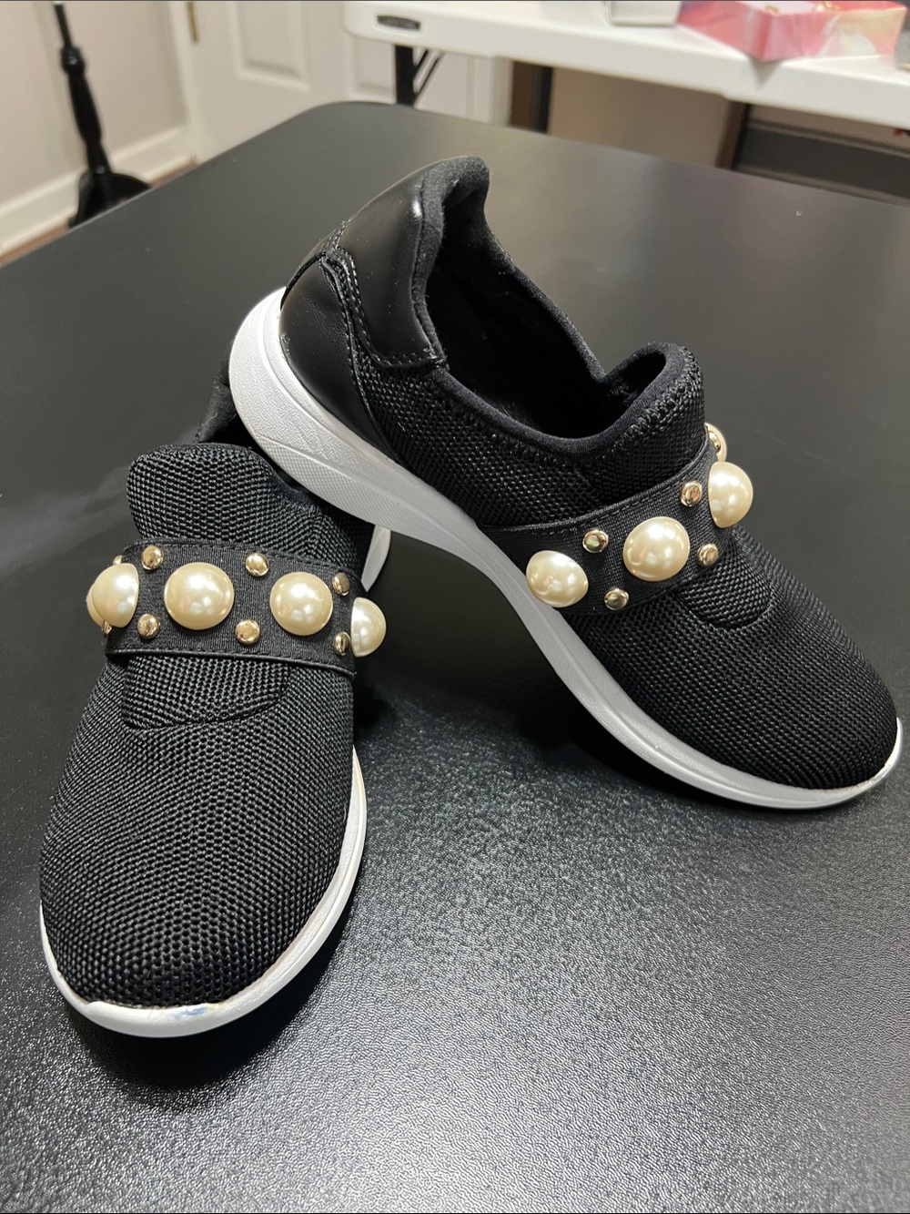 Bandolino Black Slip-On Sneakers with Pearl & Gold Studs